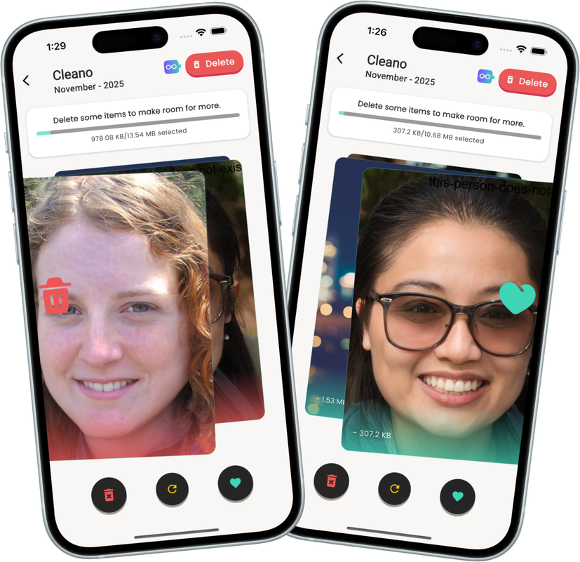 Swipe interface showing photo cleaning gesture