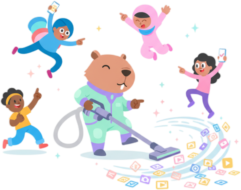 Vacuu app showing capybara character vacuuming photos